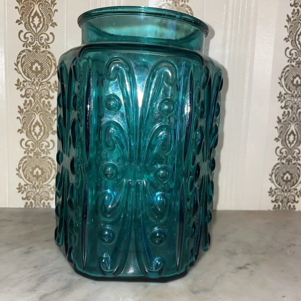 Vintage‎ LE Smith Imperial Atterbury Scroll Canister Jar Teal Glass Apothecary